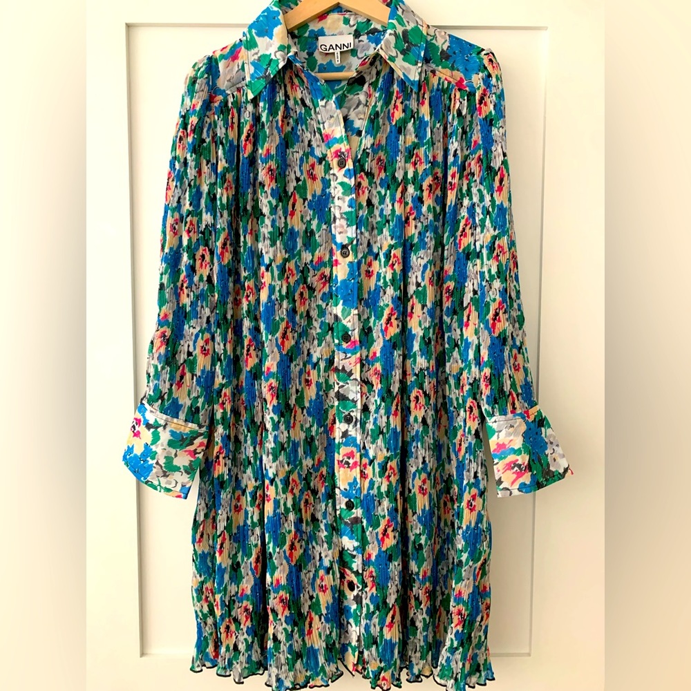 GANNI Plisse georgette floral shirt dress